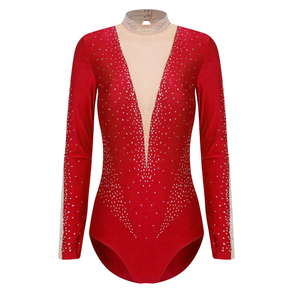 Womens Dance Leotard Glittery Rhinestones Keyhole Back Sheer Mesh Patchwork Long Sleeve Gymnastics Bodysuit