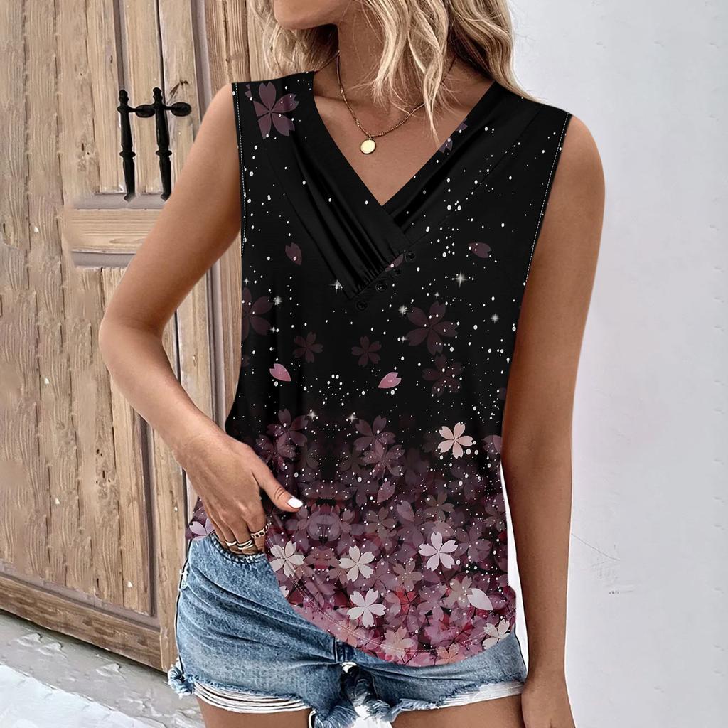 Летние женские топы на бретелях с v-образным вырезом, повседневные рубашки без рукавов с принтом, повседневные свободные плиссированные футболки, футболки, женская блузка