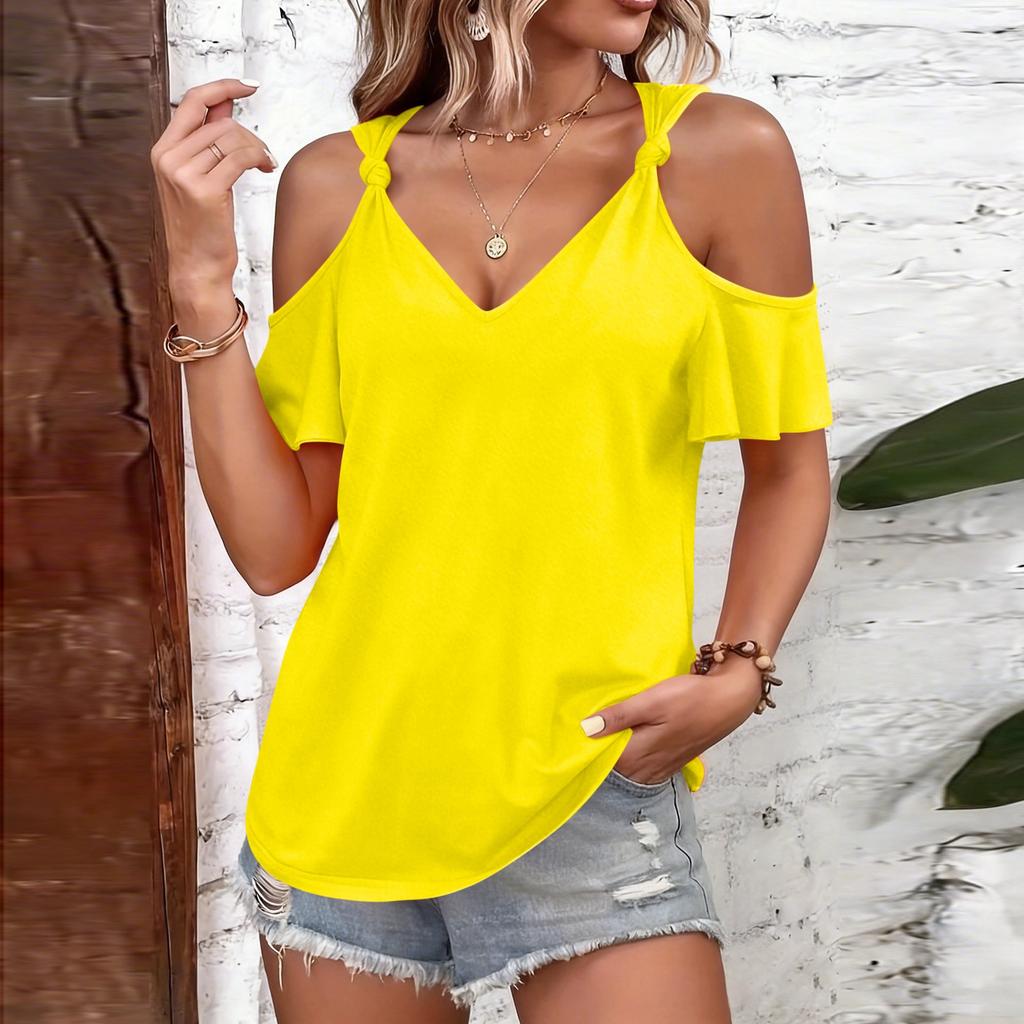 Women's Casual Fashion Round Neck Off-Shoulder Short Sleeve T-Shirt