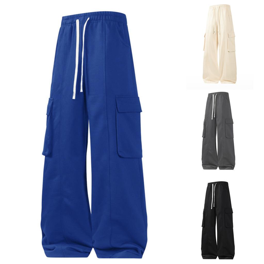 Men's And Women's Casual Solid Color Drawstring Trousers, Men's Loose Sporty Multi-pocket Straight-leg Work Pants