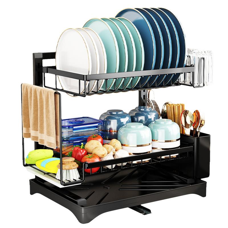 Dish Drainer Rack, Detachable 2 Tier Dish Draining Rack and Drain Board Set for Kitchen Counter