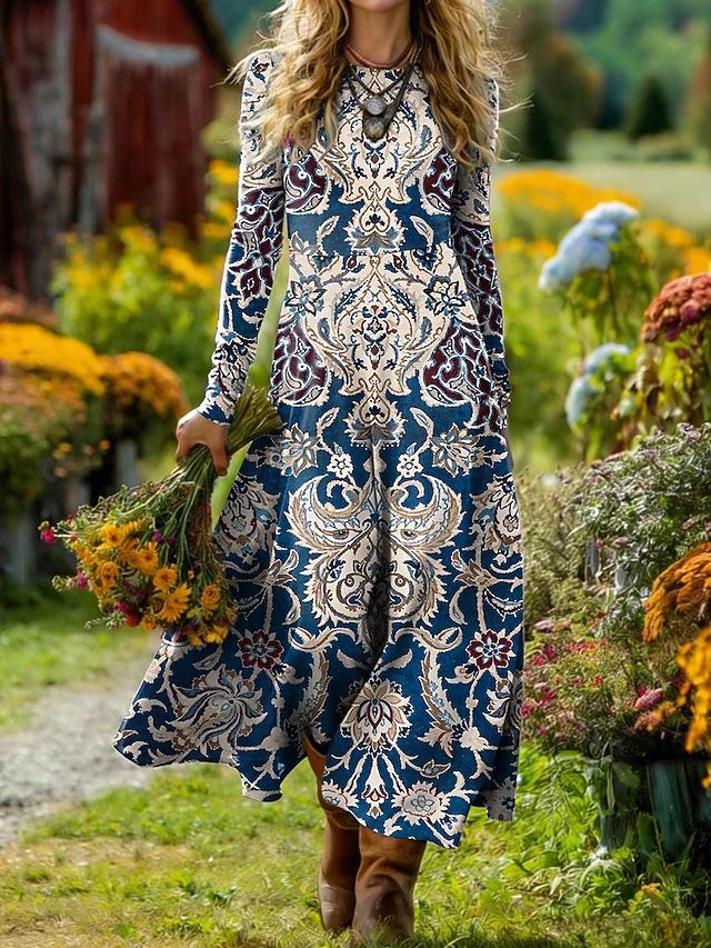 Женское среднедлинное платье в богемно-ретро стиле с принтом, А-силуэта, для отпуска