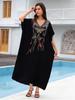 EDOLYNSA 2024 черный кафтан больших размеров с вышитыми бабочками, халат с V-образным вырезом, рукавами «летучая мышь», женское пляжное платье, купальник, накидка, уютная домашняя одежда Q1703