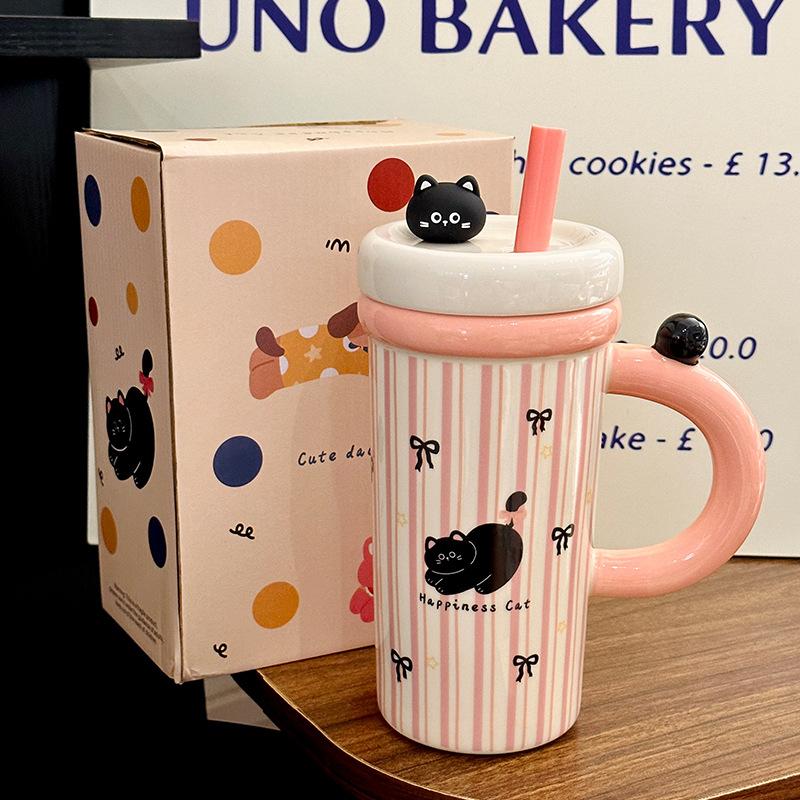 Cartoon Straw Cup Large Capacity Ceramic Drinking Cup with Lid  Cute Animal Breakfast Milk Cup  Souvenir