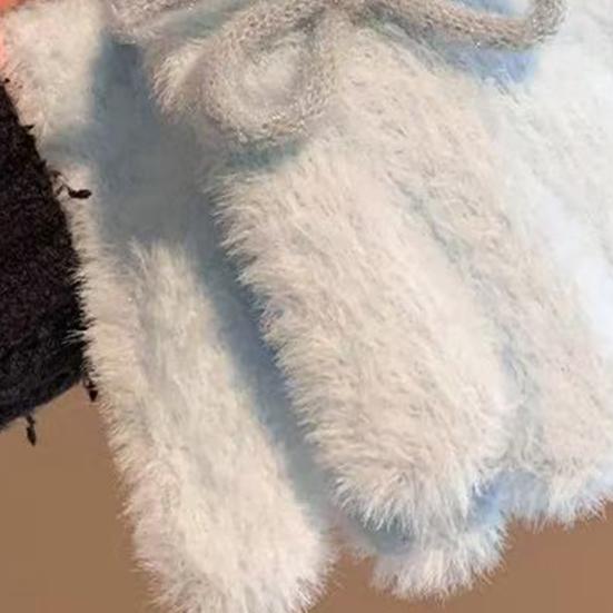 Yousheng Women Fuzzy Thermal Gloves Fluffy Winter Thick Full Finger Gloves with Bows Solid Color Cute Warm Plush Gloves for Girls Cycling Daily