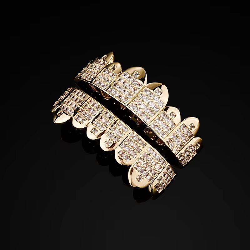 Iced Out Fangs Grillz Set 8 Teeth Brass CZ Zircon Real Gold Plated Hip Hop Rap Teeth Grills Personality Party Cosplay Bulk