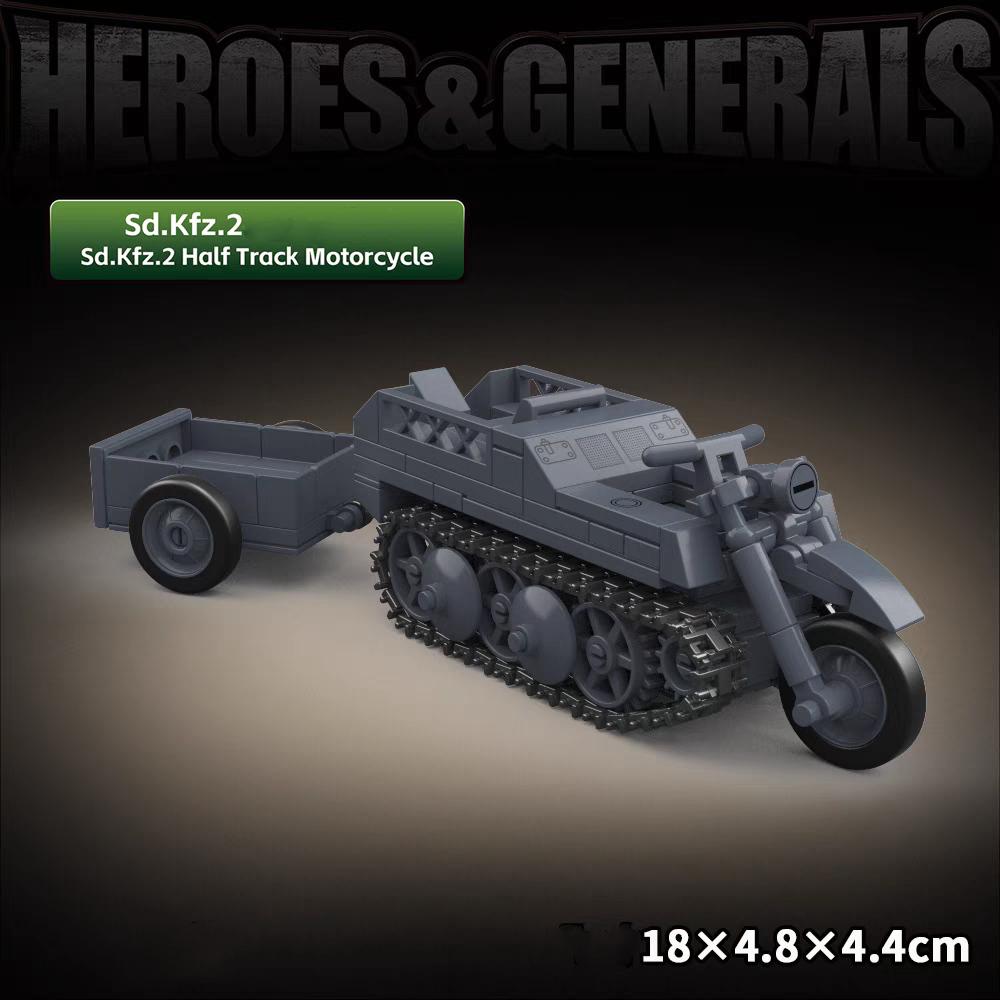 Вторая мировая война Немецкий гусеничный мотоцикл Sdkfz2 Сборка Модель MOC Набор Детская игрушка Трактор Транспортное средство