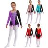 Girls Lyrical Dance Costume Applique Shiny Rhinestones Skirted Leotard Color Block Mesh Long Sleeve Bodysuit
