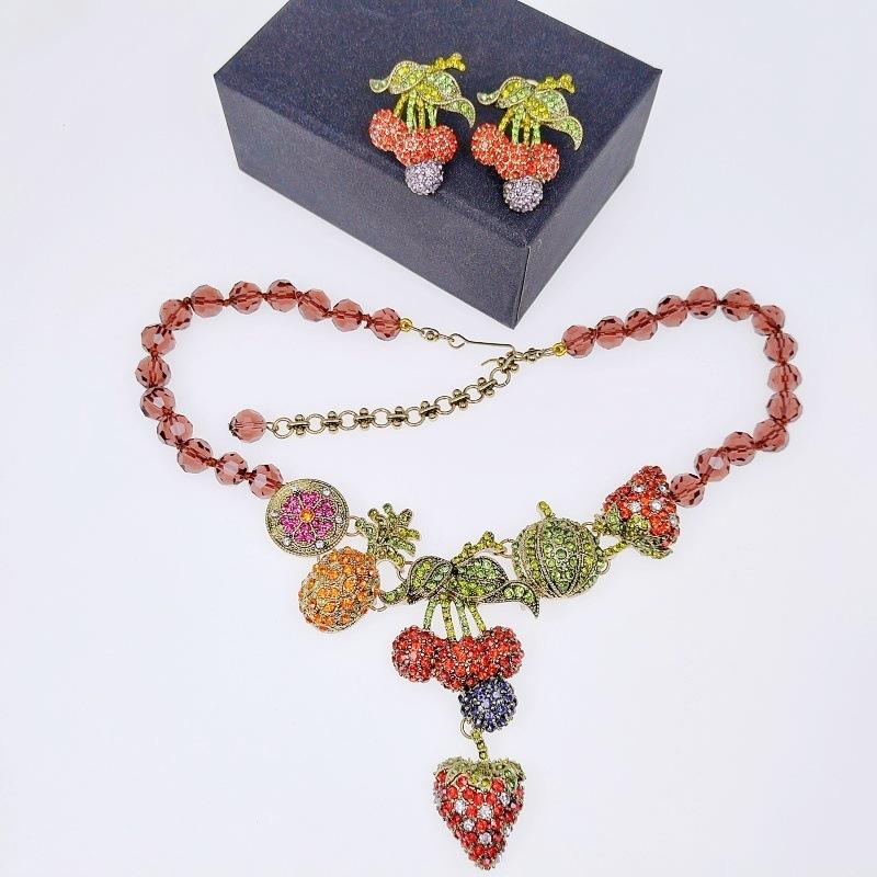 Европейский и американский ретро-стиль, позолоченный, цвет тропических фруктов, прозрачный набор ожерелья и серег