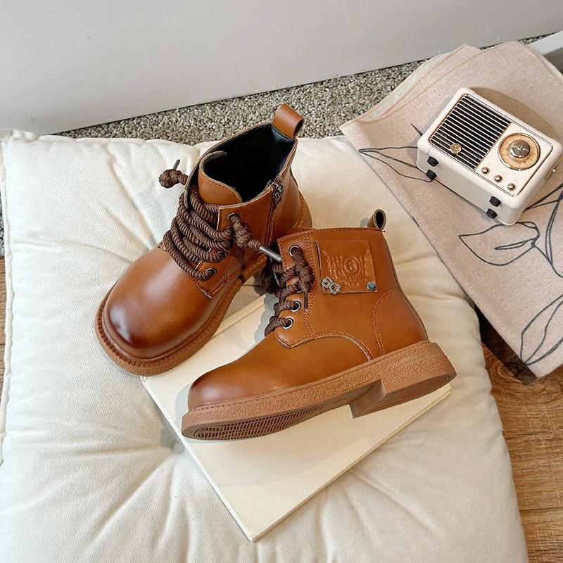 Мальчики Девочки Кожаные Ботинки Красивые Модные Детские Мотоциклетные Ботинки Нескользящие 2024 Осень Зима Новые Детские Короткие Ботинки Мягкая Подошва