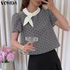 Women Stand Neck Puff Sleeve 3D Flower Polka Dots Casual Cropped Blouse