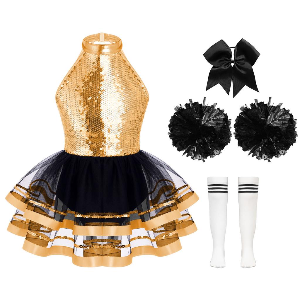 Girls Cheerleading Outfit Sleeveless Halter Sparkling Sequins Backless Tulle Tutu Dress Flower Balls Headwear Socks Set