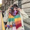 Women Scarf Rainbow Color Striped Scarf with Plush Balls Tassel Winter Thickened Warm Couple Scarf