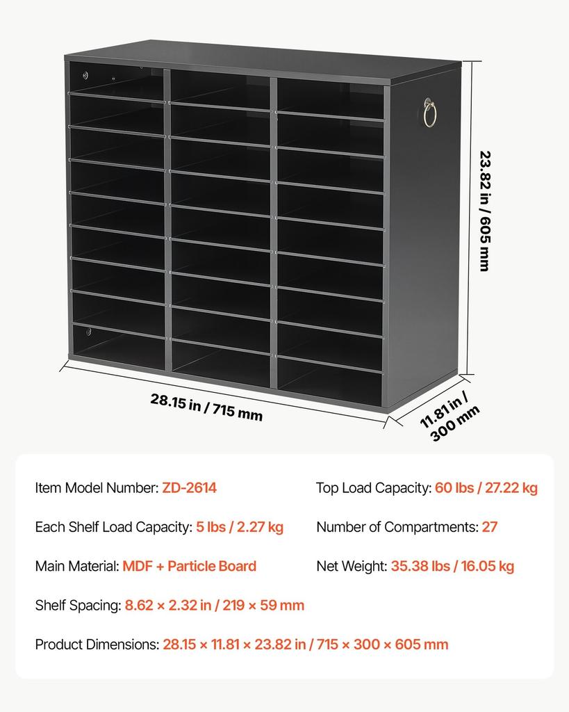 Wood Literature Organizer 27 Compartments Office Mailboxes Black, Countertop Literature Sorter for Files Documents Papers, with Adjustable Shelves,