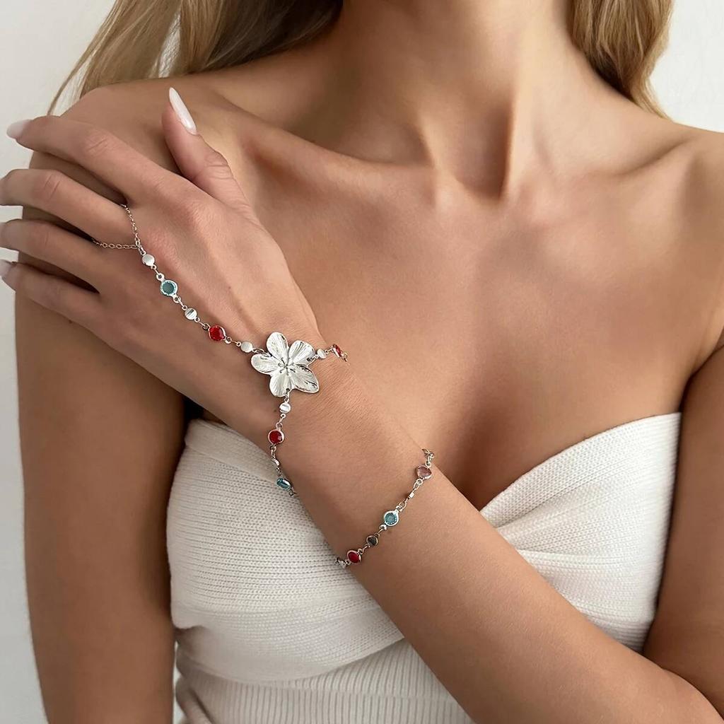 SHIXIN Trendy Colorful Crystal Long Y-Shaped Necklace Metal Flower Bracelet Collarbone Chain Summer Party Bohemian Jewelry Set