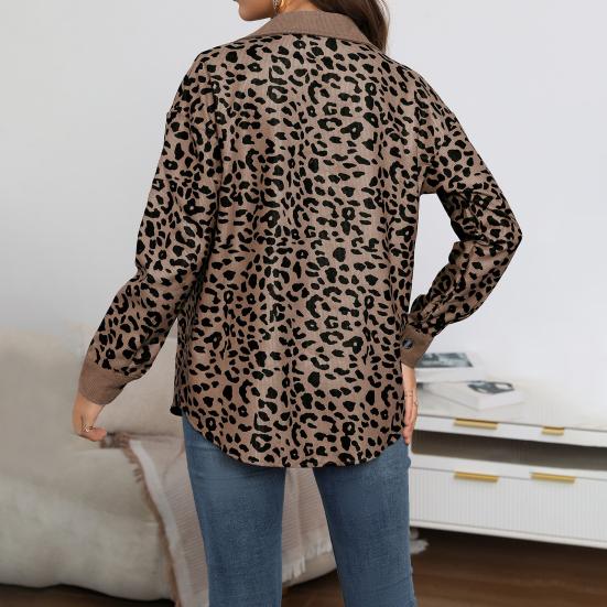 Women Spring Fall Coat Fake Chest Pocket Turn-down Collar Single-breasted Leopard Print Long Sleeves Mid Length Daily Wear Jacket