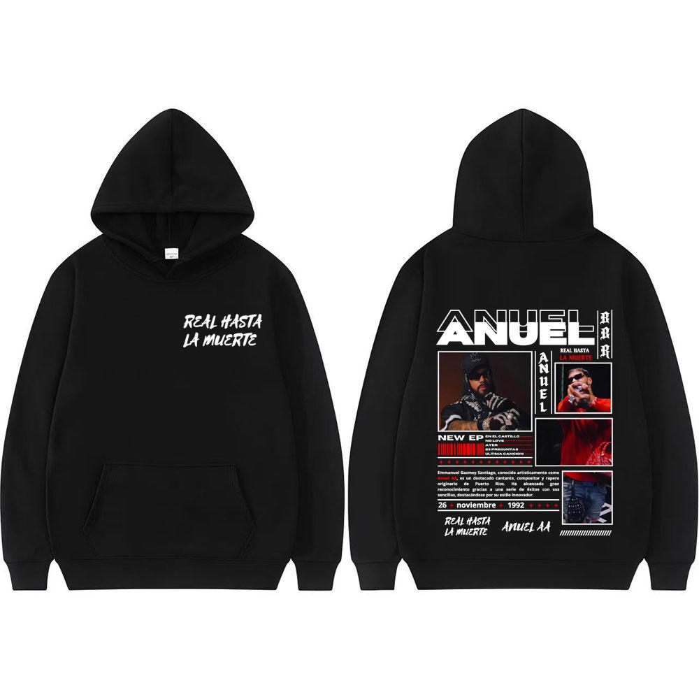 Свитшот с обложкой альбома и логотипом тура рэпера Anuel AA 'Real Hasta La Muerte' для мужчин и женщин, винтажный, хип-хоп, трендовая толстовка, уличная одежда, свободные худи