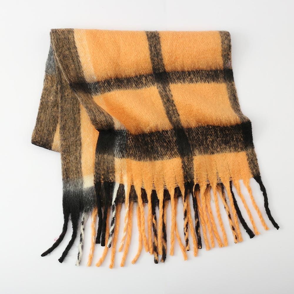 Autumn and Winter New Rainbow Plaid Imitation Cashmere Fringed Scarf Women's Mohair Enlarged Thick Shawl Warm Scarf