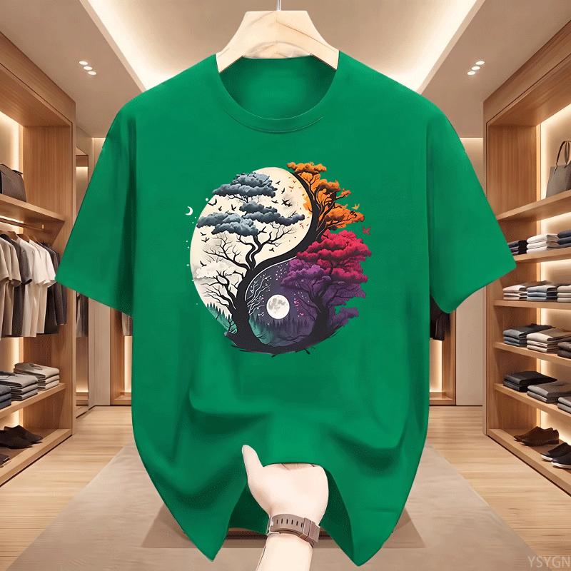Yinyang Natureinspired Pattern Loose Tshirt Tree Design Moon And Flying Birds Printed Tshirts Nature Lovers And Outdoor Tops