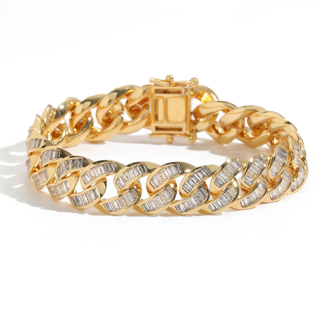 Personalized Hip Hop Real Gold Plated Jewelry 13mm Wide Iced Out Baguette CZ Cuban Link Chain Bracelet for Men