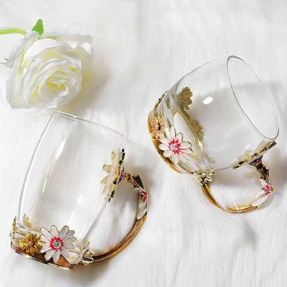 Enamel Flower Glass Coffee Mugs Elegant Transparent Glass Teacup Flower Tea Cup Set Women