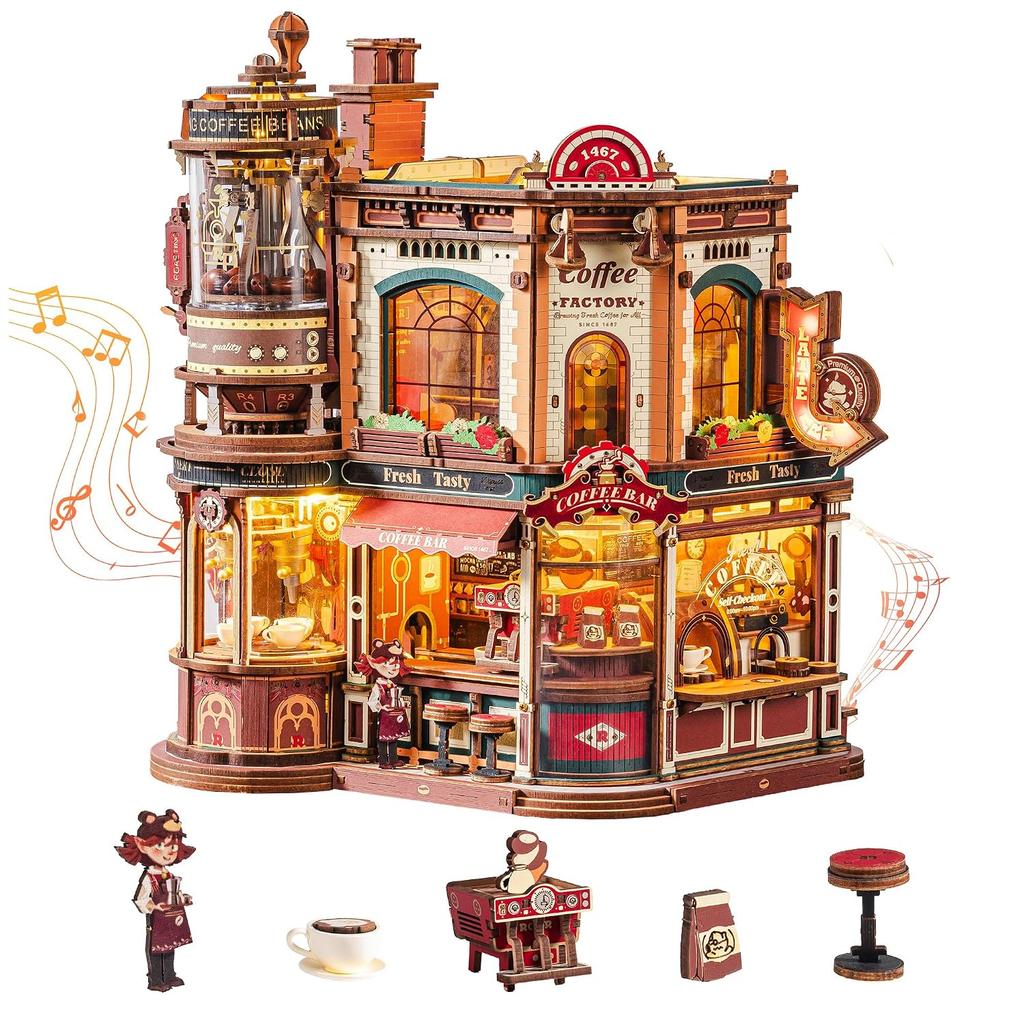 ROKR 3D Wooden Puzzle Coffee Factory Light Effects Music Interior Decoration Miniature House Movable Model Atmosphere Creation Entrance Craft Kit DIY