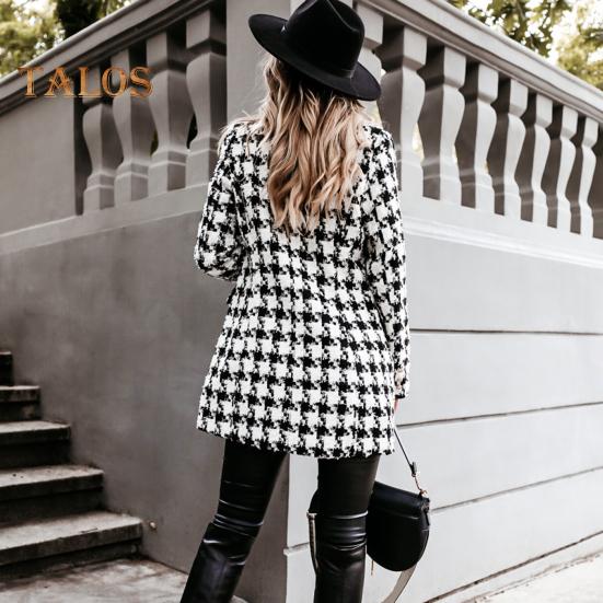 Зимнее осеннее женское пальто с отложным воротником, клетчатый принт, двубортное, с длинными рукавами, плотная куртка средней длины для свиданий, поездок на работу, офиса