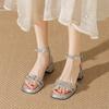 Summer New Thick Heel with Buckle Silver Rhinestone Sandals Women's Bow High Heels