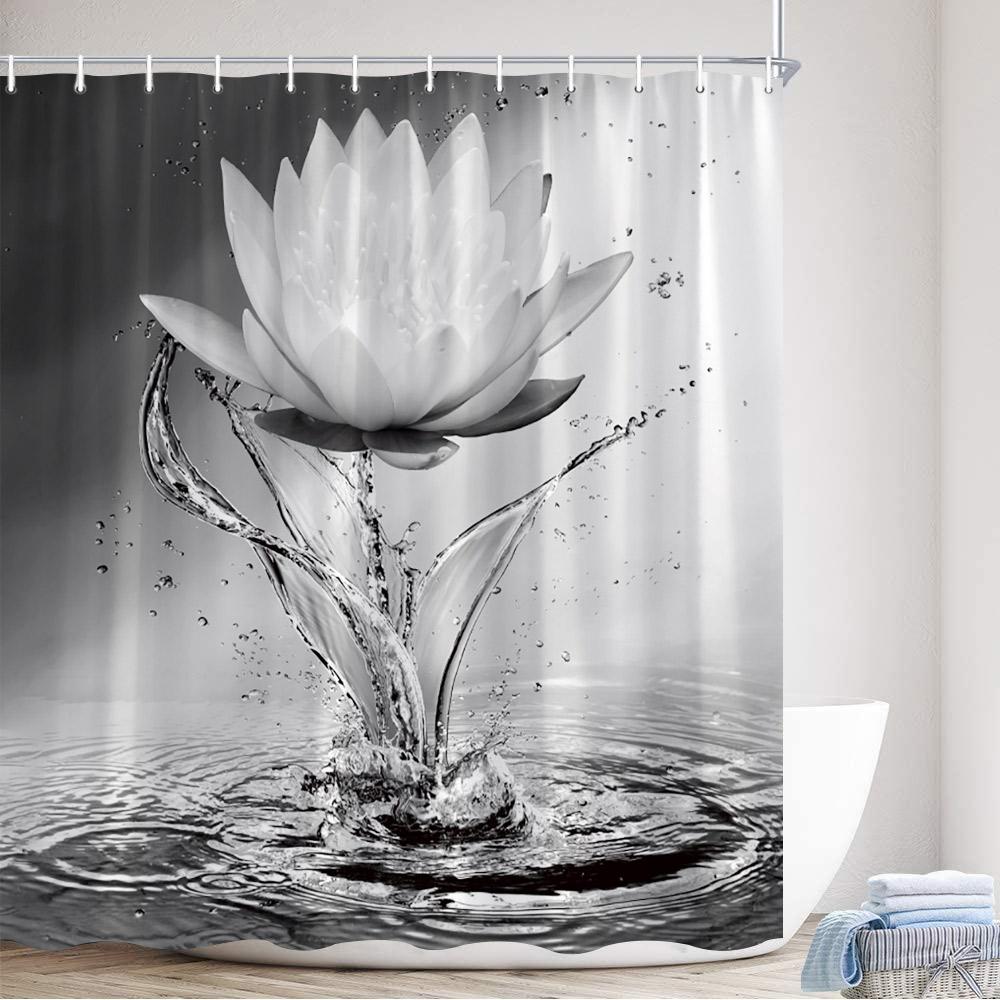 Шторка для душа Zen Lotus Водный Будда Медитация Черный Камень Капли Бабочка Черно-белый Декор Ванной Комнаты Полиэстер Шторка для Ванны