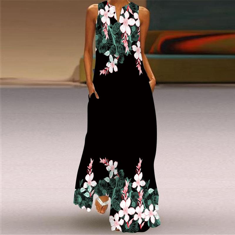 2026 New Summer Women's Sleeveless V-Neck Printed Sexy Dress Long Dress European and American Women's Clothing