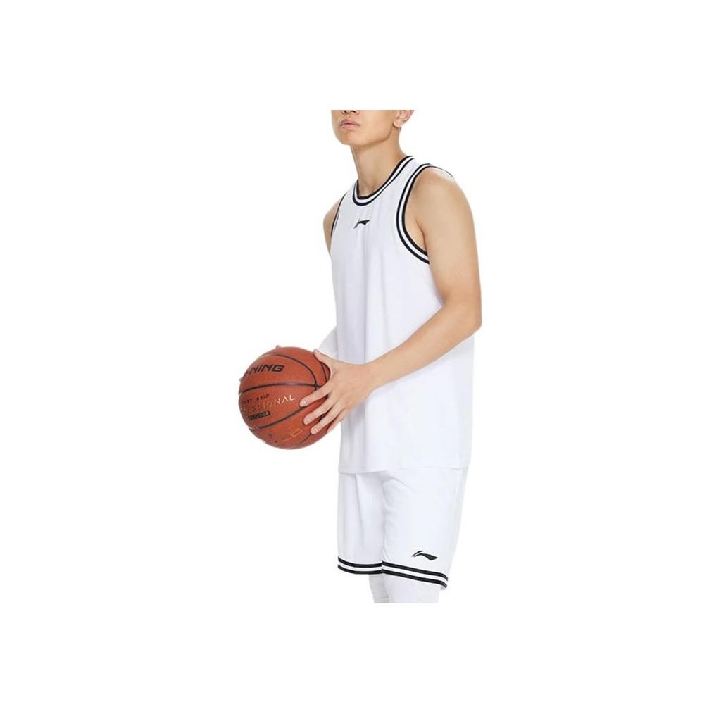 Li Ning Sports Basketball Series Logo Print Striped Round Neck Slim Shorts Set Men Sportswear White AATS003-4