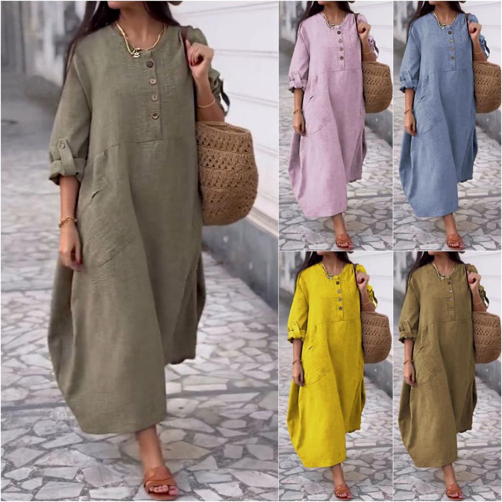 Casual Loose O Neck Pocket Women's Cotton Linen Dresses Spring Summer Solid Color Simple Female Vacation Dress