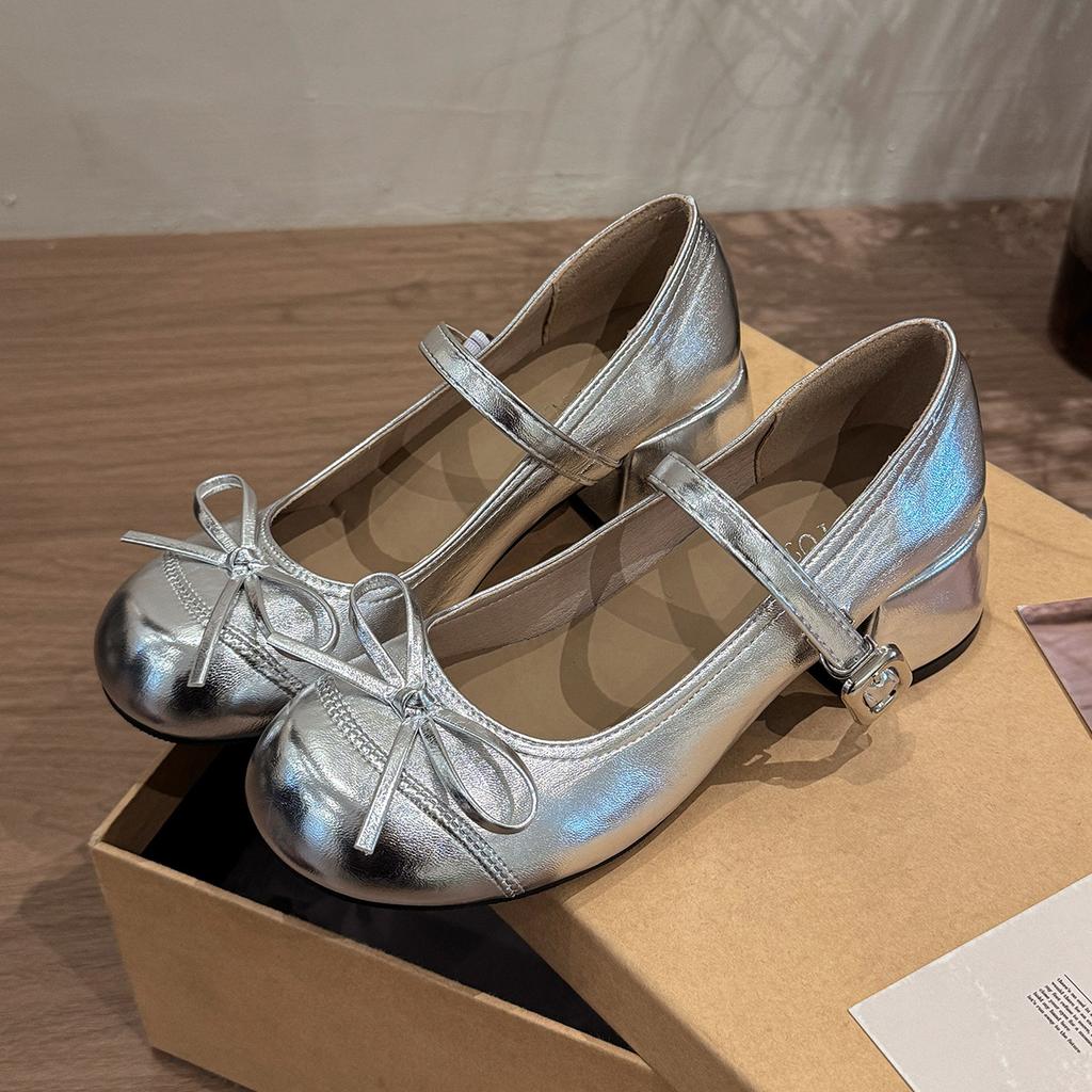French silver high heels thick heel silver Mary Jane single shoes women's summer 2025 new with skirt medium heel small leather shoes