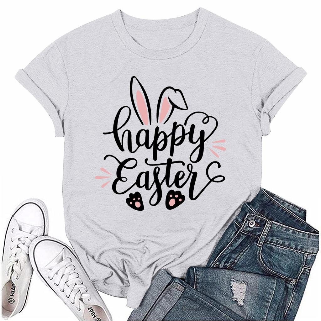 Женская модная пасхальная принтованная повседневная плиссированная круглая футболка с коротким рукавом