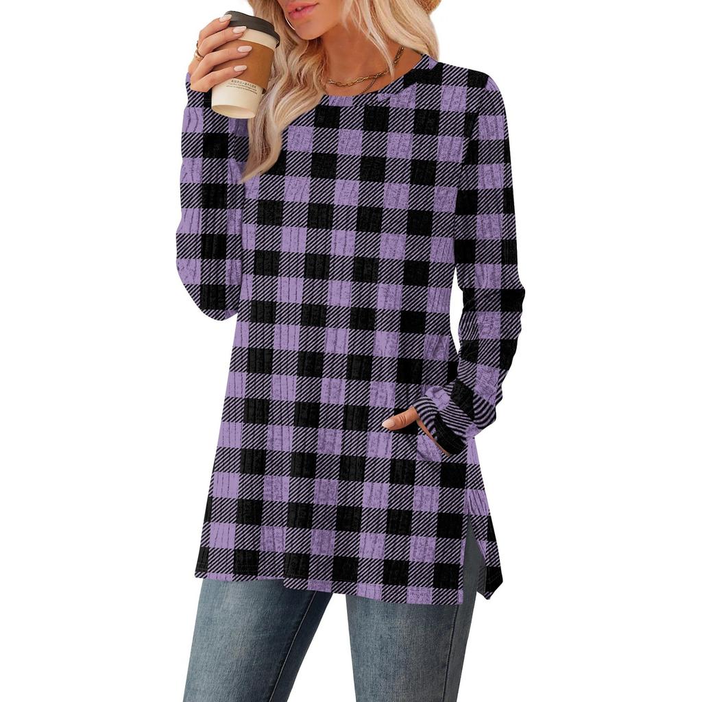 Women's Checkered Printed Round-neck Long-sleeved Top With Pockets And Side Slits