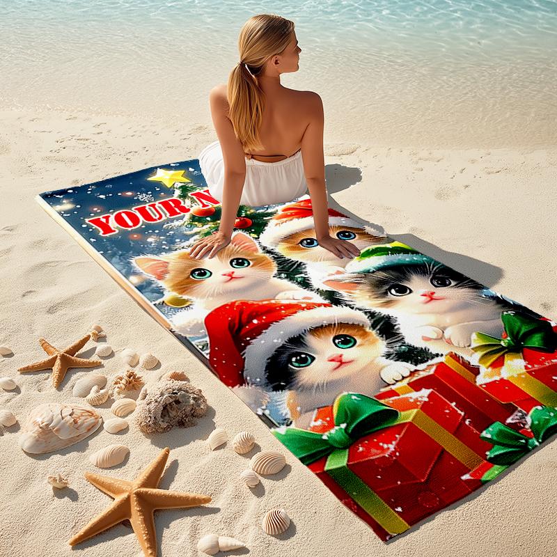 1PC Custom Name Christmas Cats Gifts Beach Towel Highly Absorbent And Sand-Resistant Towel for Swimming, Pool, Yoga, And Travel Lightweight