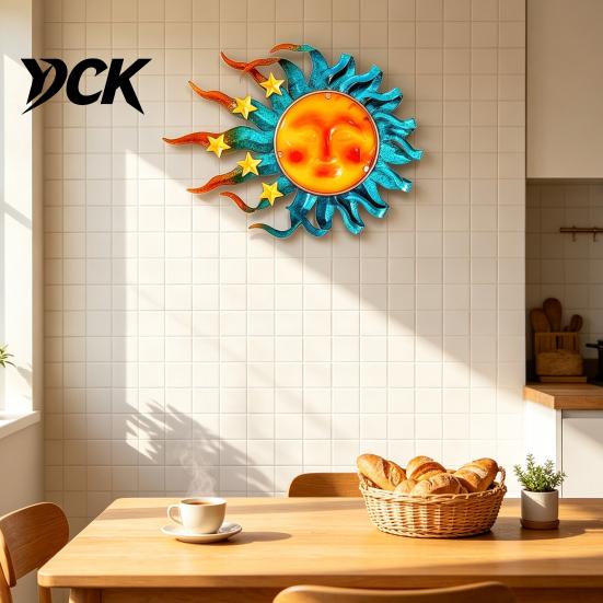 Mediterranean Style Glass Sun Stained Face Metal Wall Art, Wrought Iron with Yellow Stars Colorful Hanging Decor, Weatherproof Sculpture for