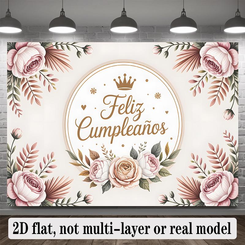 Spanish Feliz Cumplea?os Floral Theme Multicolor Design, 1pc Polyester Party Backdrop Banner, Photo Booth Background, Wall Decor