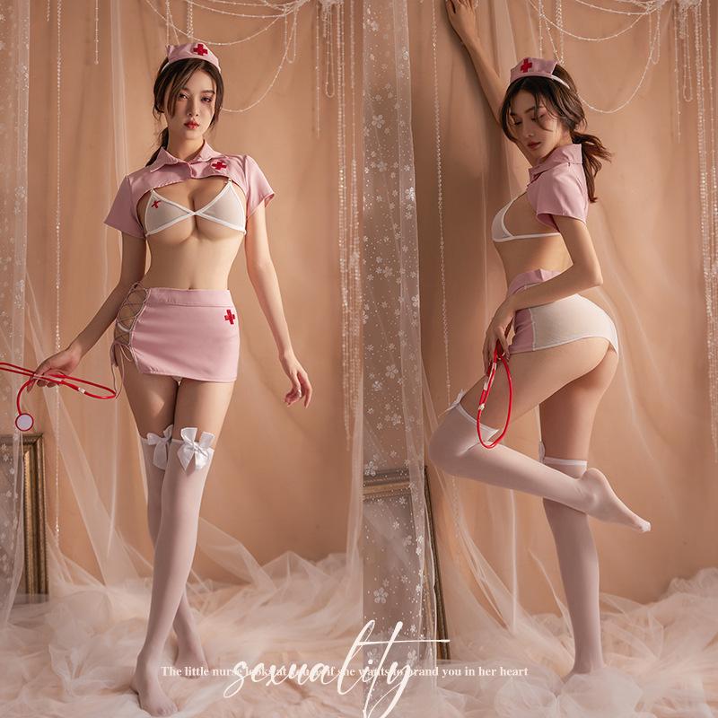 Sex Lingerie Sexy Pure Desire Wind Perspective Three-point Seduction Strap Short Skirt Bed Tease Nurse Passion Suit
