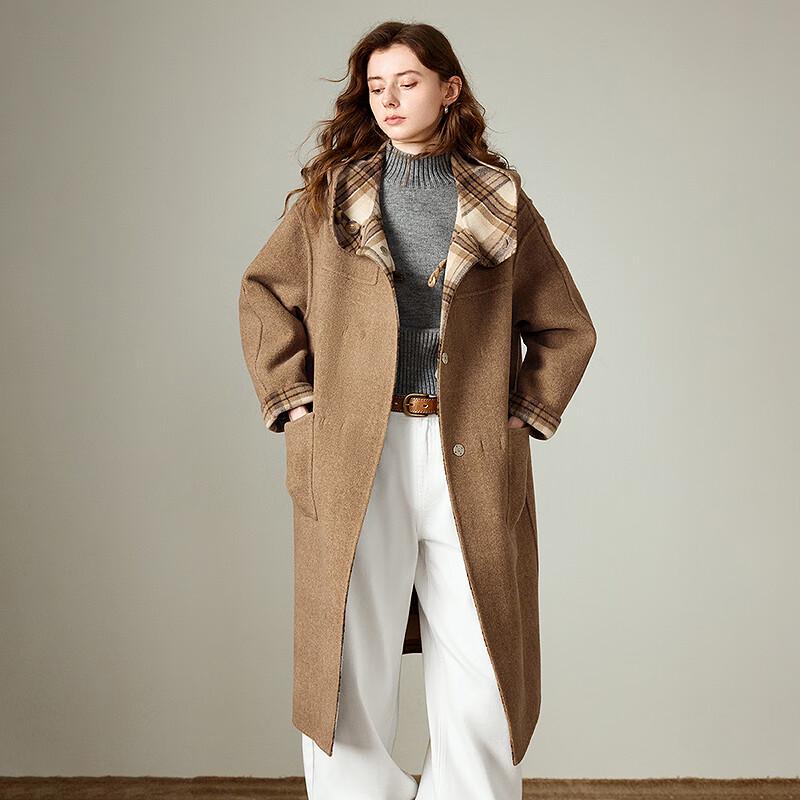 Женское свободное шерстяное пальто в клетку с капюшоном Chuyu
