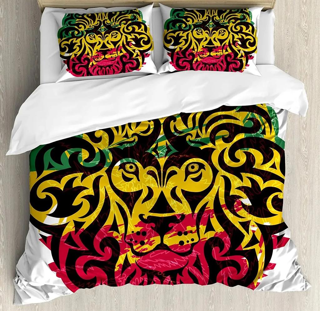 Комплект пододеяльника Раста, Лев Флаг Растафари Джунгли Регги Постельное белье Арт Красочный Культурный Фольклорный Принт Комплект пододеяльника