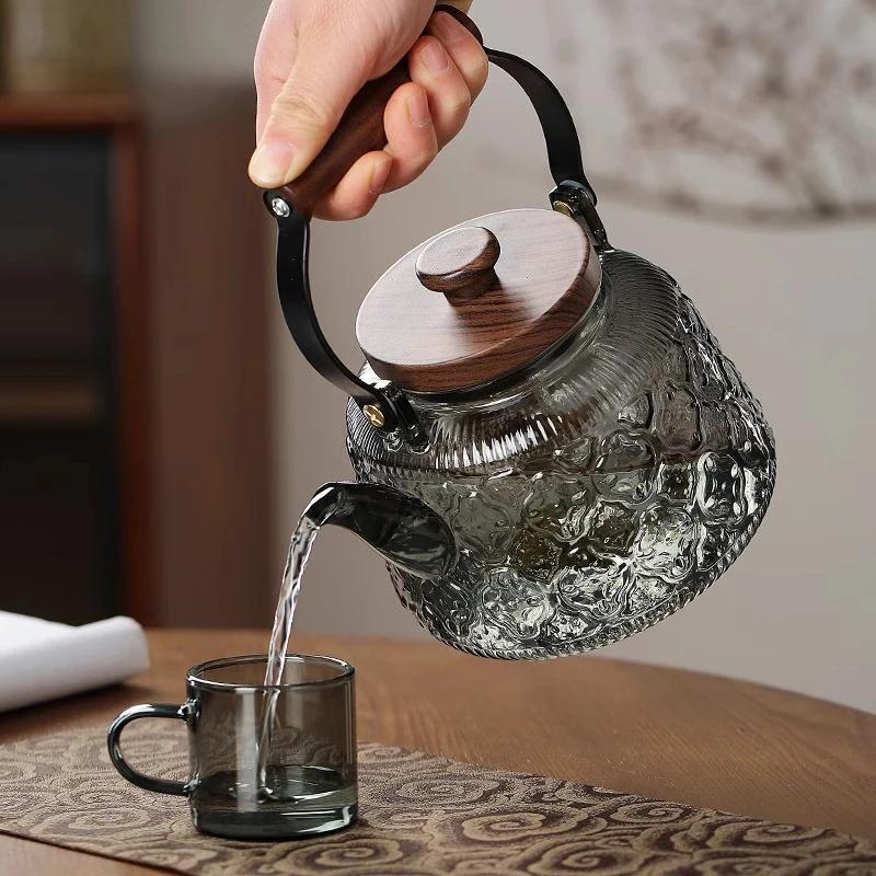 Wooden Handle Glass Teapot Portable High Borosilicate Tea Kettle with Infuser Coffee Tea Pot Kitchen Flower Teapot Teaware