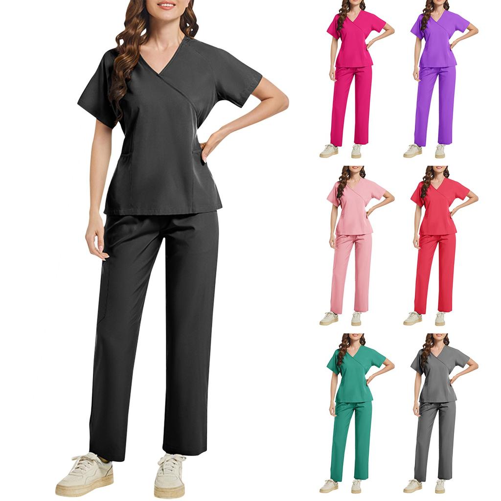 Ladies' Two-piece Set Short Sleeved Solid Color Pocket Top Pants Work Clothes Two-Piece Set