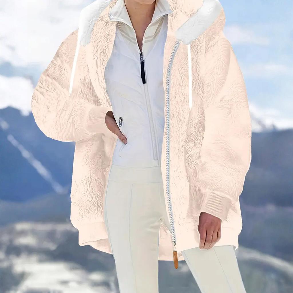Женская модная плюшевая куртка с капюшоном, длинными рукавами, свободного кроя, теплая, с карманами на молнии
