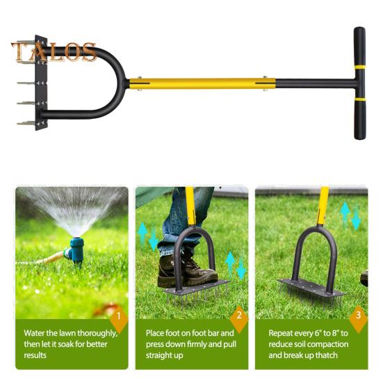 Аэратор для газона Аэратор с 15 зубьями и длинной Т-образной ручкой, мощный инструмент для аэрации, эффективное рыхление почвы, уход за травой и обслуживание газона