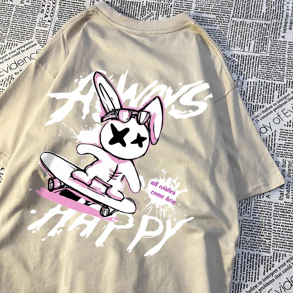Always Happy Skateboard Rabbit Мужские футболки свободного покроя Harajuku Мягкая одежда Модная дышащая футболка Хлопковая футболка с круглым вырезом