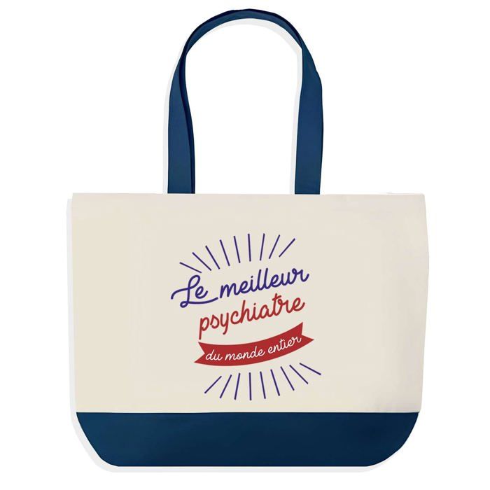 Tote bag - PLANETEE - Psychiatre Meilleur du Monde - Fond bleu - Coton 40x45 cm - Grand format