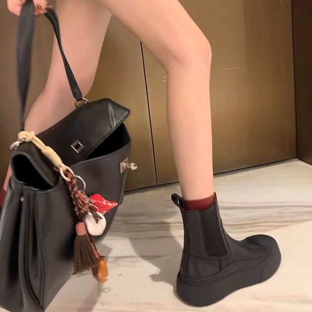 Стильные туфли, комбинированные, с маленьким круглым носом, ленивые, на толстой подошве, без шнуровки, тонкие короткие ботинки