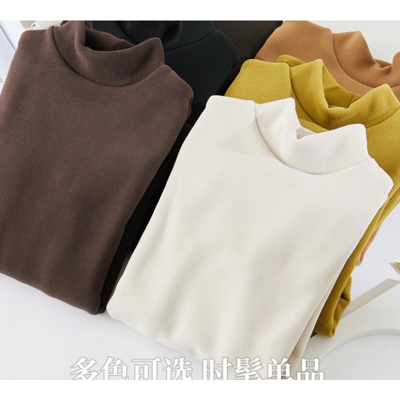 Осень Зима Высокий воротник Однотонный Пуловер Топ Женский Длинный рукав Повседневная Мода бархатный теплый Футболка