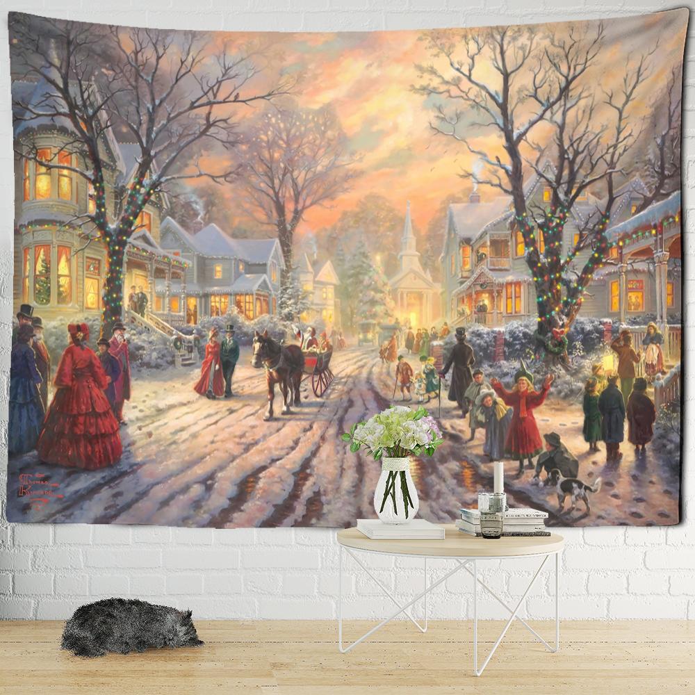 Рождественская снежная ночь, карта путешествий, гобелен, настенный психоделический лесной дом, иллюстрация, домашний декор для гостиной